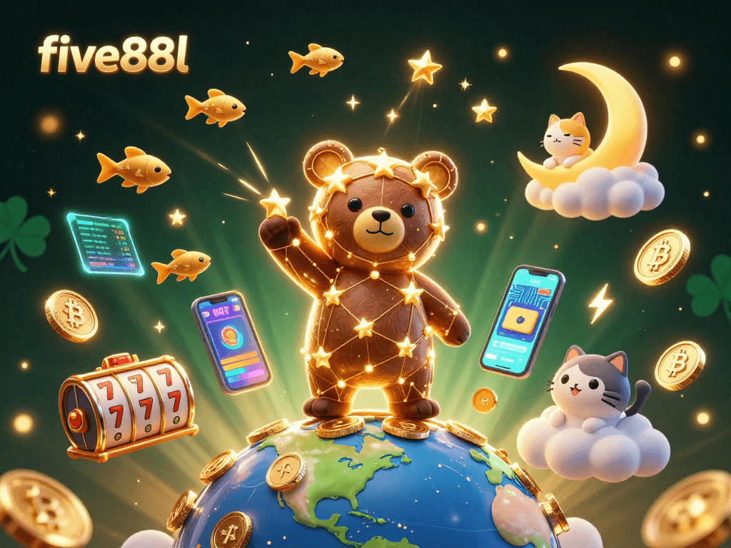 Engage with five88l's vibrant casino world, showcasing constellation bear and crypto elements in an energetic scene.