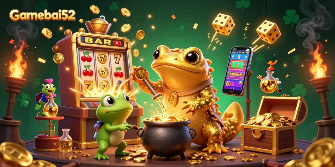 Experience excitement with gamebai52 as the golden alchemist transforms coins in a vibrant casino scene.