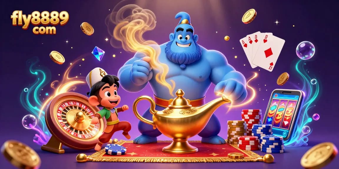 Join the thrilling action at fly8889 com with a vibrant 3D casino scene showcasing a magical genie, poker chips, and sparkling coins.