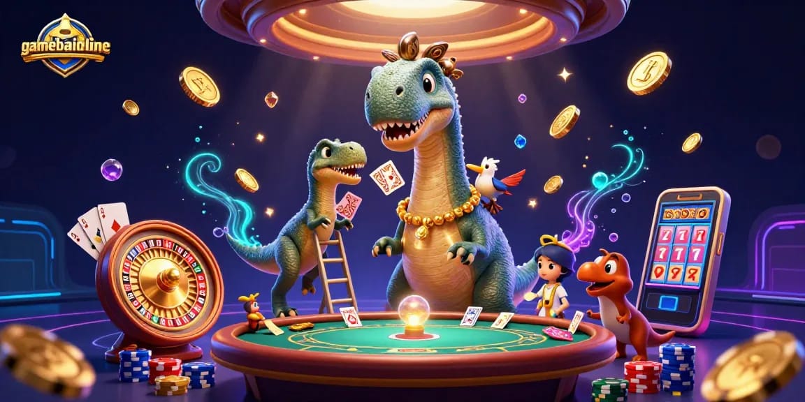 Join gamebaiionline's thrilling action with a dynamic casino scene featuring fantasy elements.