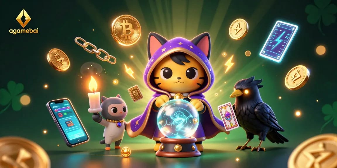 Engage with agamebai’s mystical gaming theme featuring a fortune teller cat, tarot raven, and vibrant casino elements.