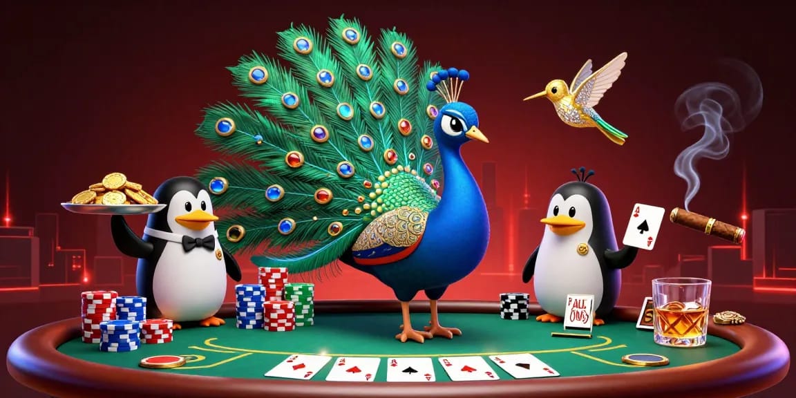 LUONGSONTV showcases a lively poker scene featuring a peacock, a butler penguin, and a golden hummingbird.