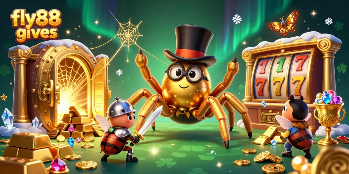 Experience the thrill of gaming with fly88 gives, featuring a golden tarantula and beetle knight amidst dazzling casino treasures.