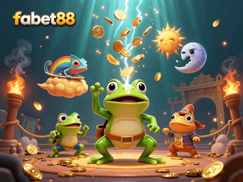 fabet88 features a wizard frog and chameleon celebrating a storm of gold coins in a vibrant casino atmosphere.