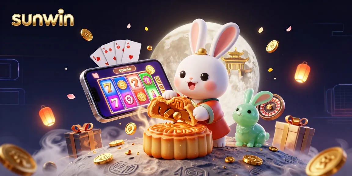 Experience the dynamic sunwin scene with a moon rabbit revealing poker chips while enjoying thrilling slot games.