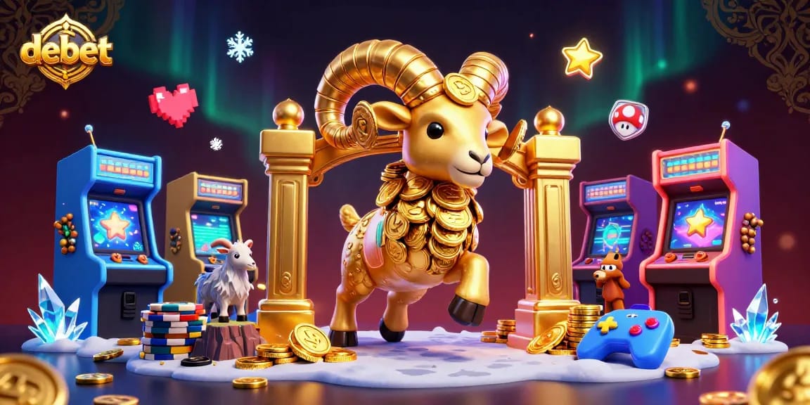 Engage with debet gaming in a vibrant, energetic casino scene filled with colorful arcade elements and characters.