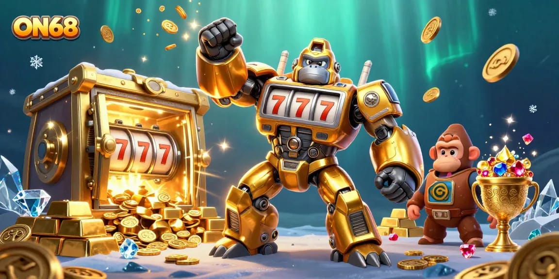 Engaging illustration of ON68's gorilla mech slot machine bursting with coins and treasures.