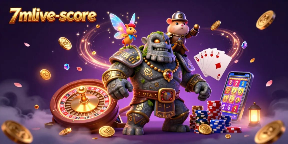 Experience the excitement of 7mlive-score with a vibrant casino scene featuring fantasy characters and gaming elements.