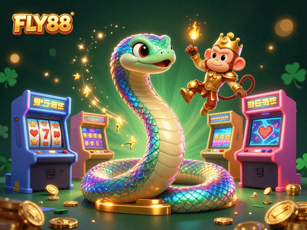 FLY88 combines vibrant game elements with a playful monkey king and a rainbow serpent in a mesmerizing casino scene