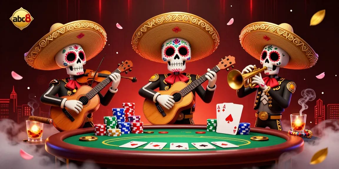 Exciting abc8 themed illustration showcasing a lively mariachi band at a poker table amid colorful gaming elements.
