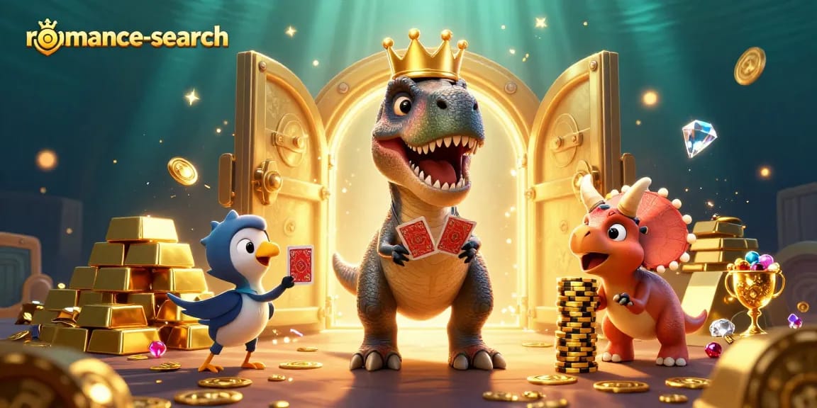 Engaging T-Rex shuffles casino cards amidst golden treasures in a vibrant romance-search setting.