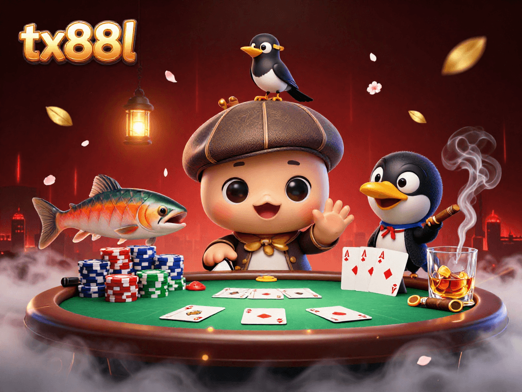 Engage with tx88l at this vibrant casino scene featuring playful cartoon characters and dynamic gambling elements.