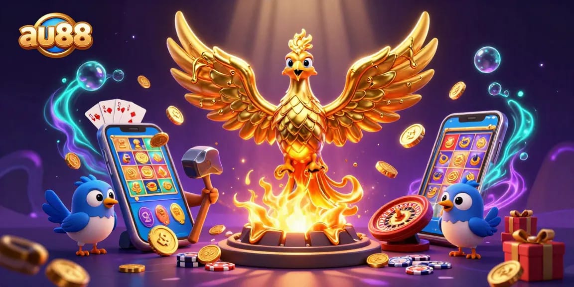 Win big at au88 with the golden phoenix amidst lively casino visuals in 3D.