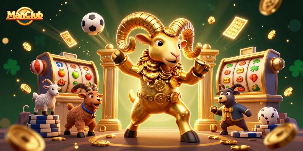 Experience the thrill of ManClub with a 3D illustration showcasing dynamic gaming elements and a golden ram.