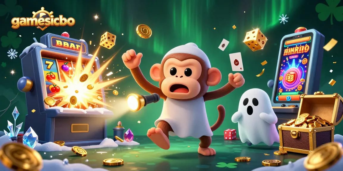 Experience gamesicbo excitement as a playful monkey juggles gold while a puppy investigates in a lively casino.