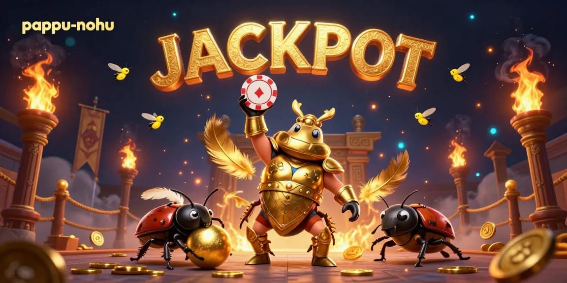 Pappu-nohu game scene depicting a victorious beetle in armor amid a dynamic casino atmosphere filled with golden elements.