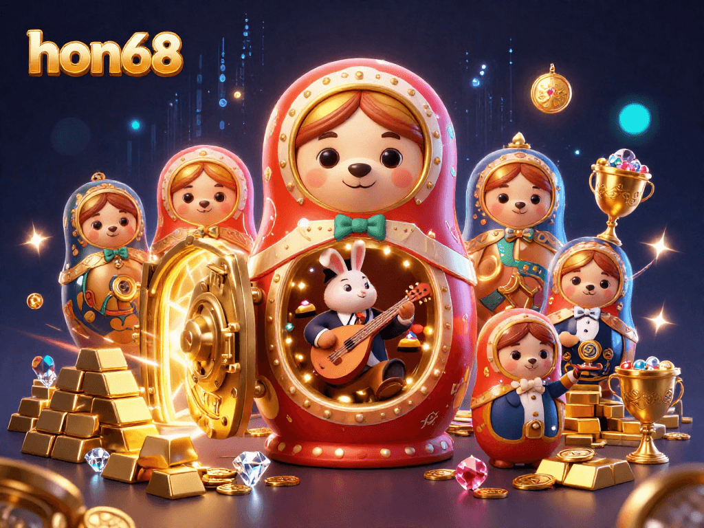 Engage in exciting gambling adventures at hon68 with vibrant casino-themed characters amidst a wealth of treasures.