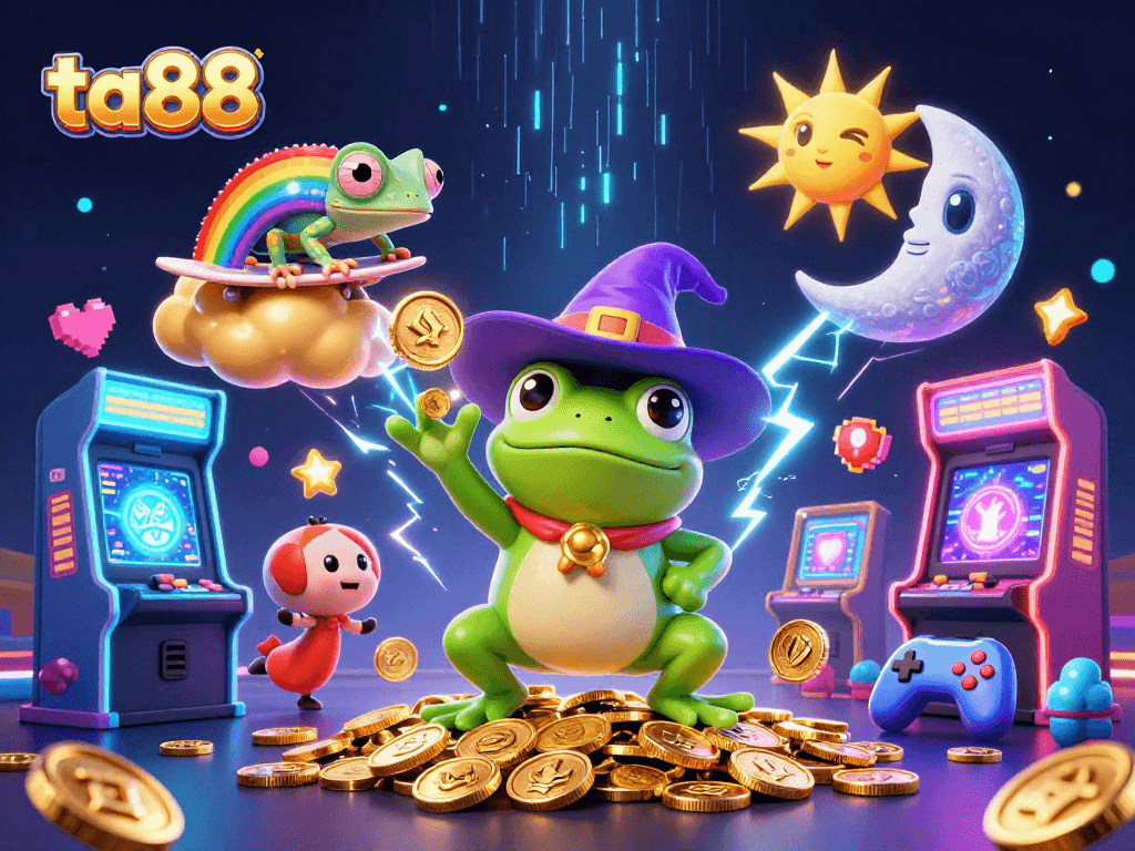 Join ta88's enchanting gaming world as a frog wizard conjures golden coins and chameleons surf clouds.