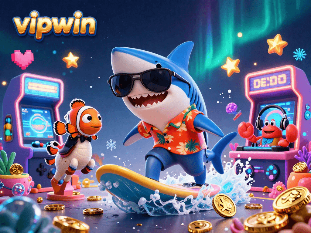 Experience gaming fun with vipwin as a shark surfs gold coins amidst vibrant casino elements.