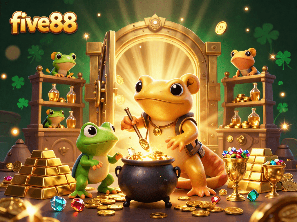 Join the excitement at five 88 as the golden salamander alchemist crafts treasures in a vibrant casino scene.