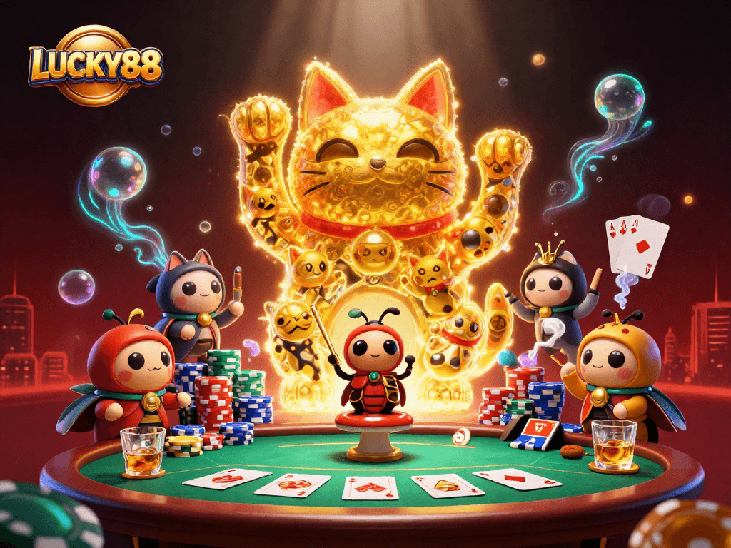 Experience the vibrant energy of LUCKY88 as a lucky cat and fireflies interact at a poker table!