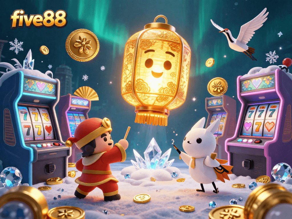 Engage with five88 slot games in a vibrant 3D casino scene filled with animated characters and colorful gaming elements.