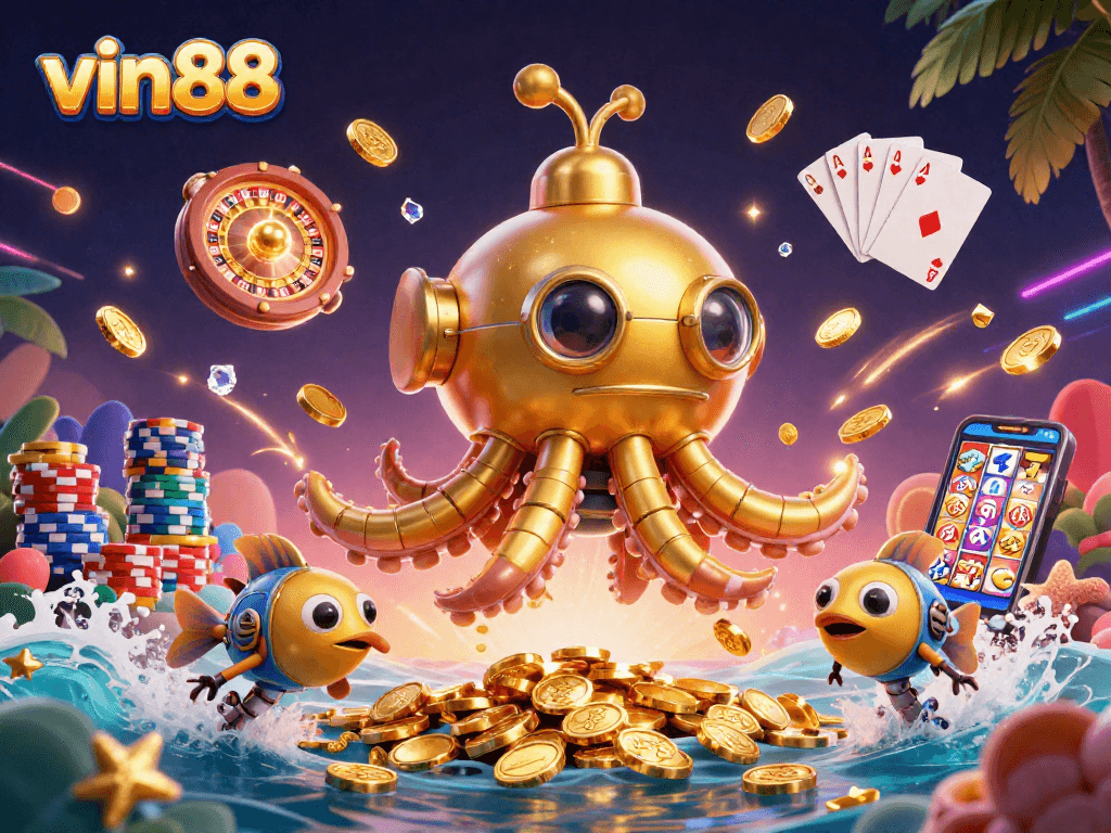 Spin to win with vin88's dynamic 3D visual of a treasure-filled gaming world.