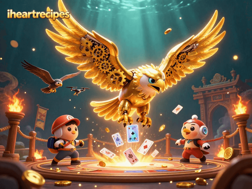 Experience thrilling gambling action with iheartrecipes showcasing golden eagle diving through holographic cards