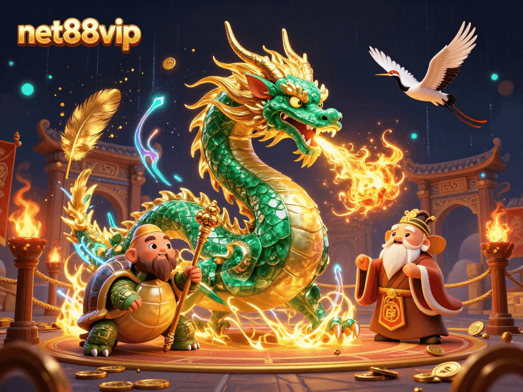 Experience exhilarating gaming with net88vip featuring a massive jade dragon and lucky cranes.