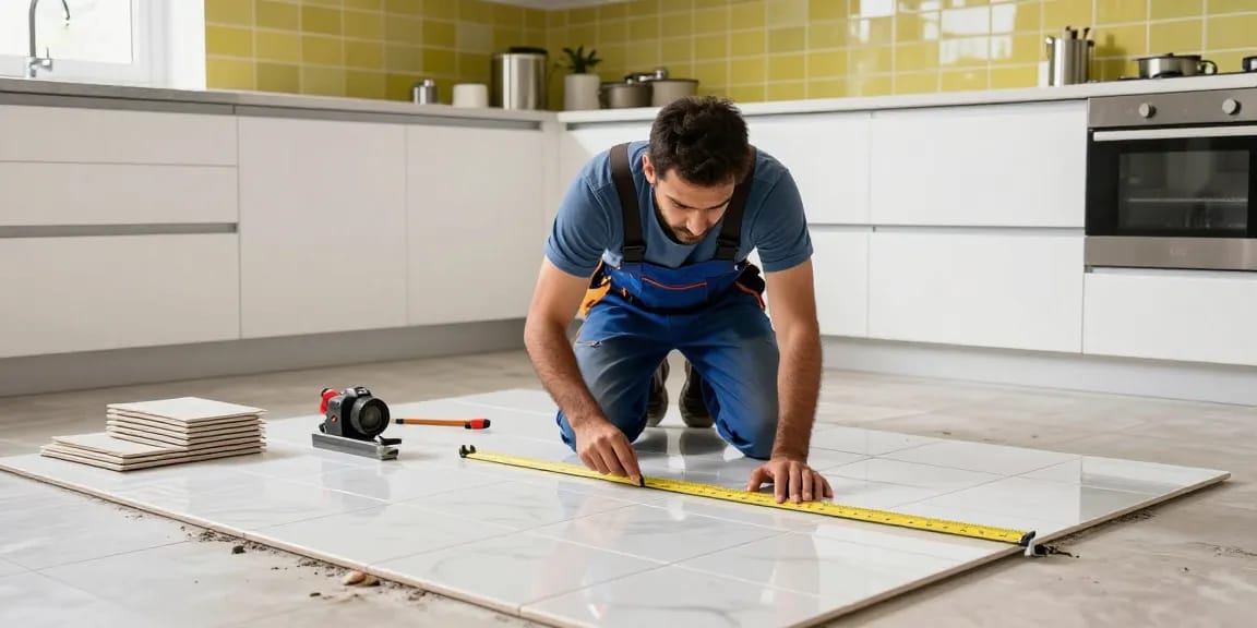 مقاول سيراميك باكستاني أثناء تركيب السيراميك في مطبخ عصري بأجواء دافئة.