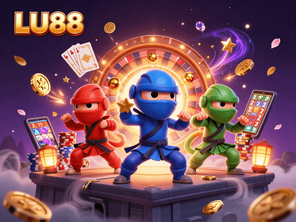 Engage with LU88 in vibrant 3D scene featuring chameleon ninjas amidst dazzling casino elements.
