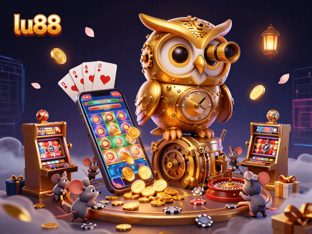 Experience thrilling gameplay at lu88 with a colorful digital casino scene featuring dynamic slot machines and a whimsical owl.