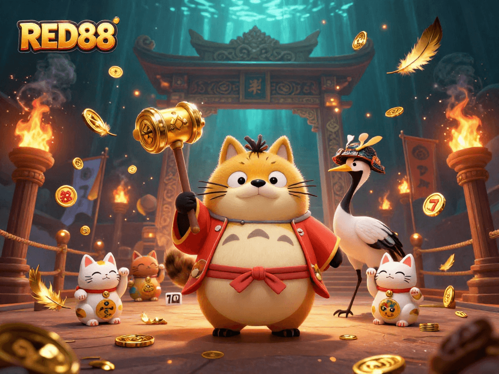 Experience the excitement of RED88 slots with a cheerful tanuki, crane, and fortune cats in a dynamic casino scene.