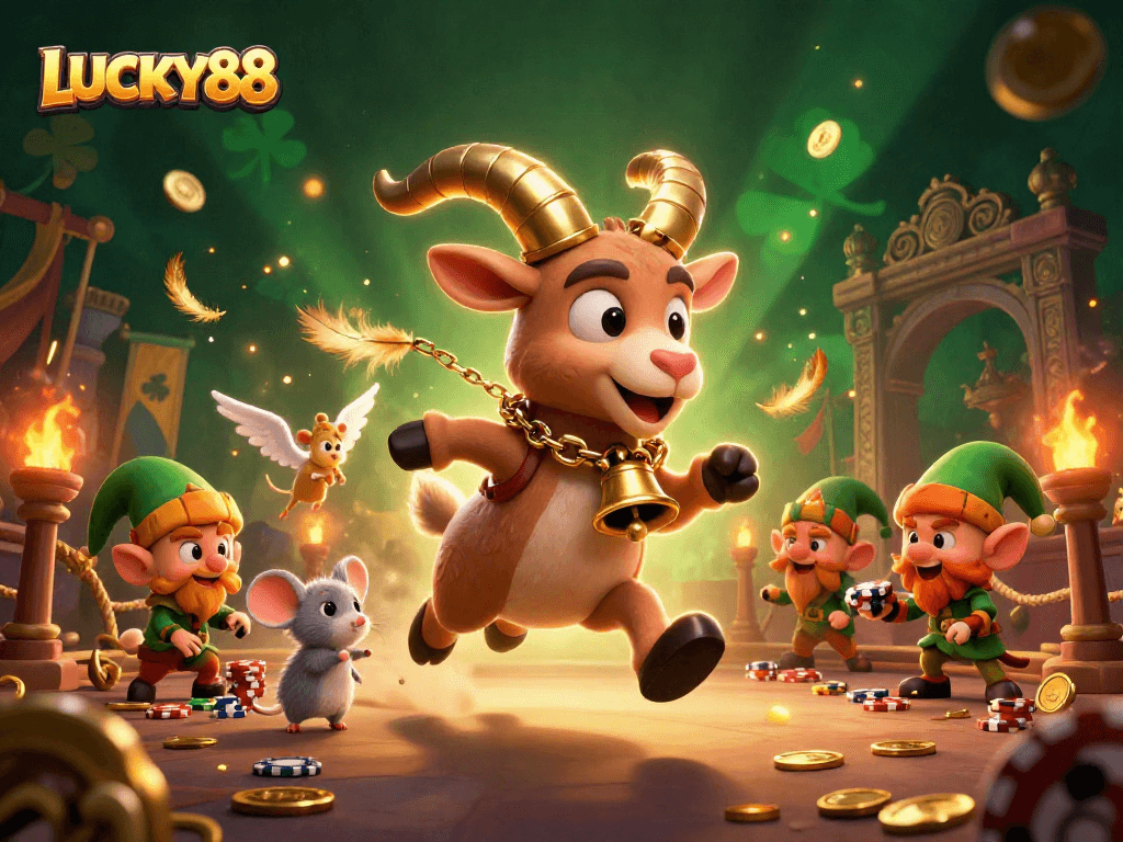 Experience excitement at LUCKY88 with festive characters and dynamic casino scenes.