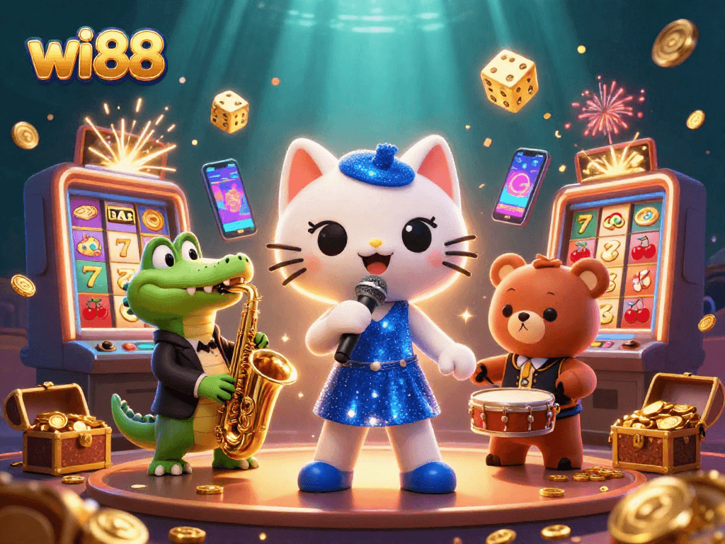 Experience the thrill of the wi88 casino with dynamic characters and jackpot excitement in this vibrant scene.