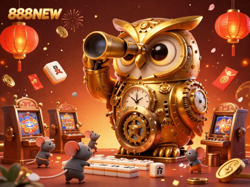 Experience the excitement of 888NEW with a vibrant 3D casino illustration, featuring animated owls and lively game elements.