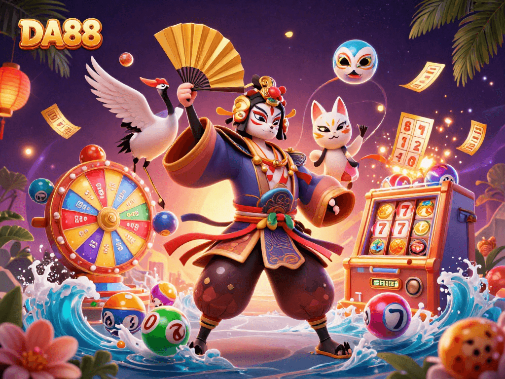 Experience fun with DA88 at a dynamic lottery scene featuring colorful elements and traditional characters.