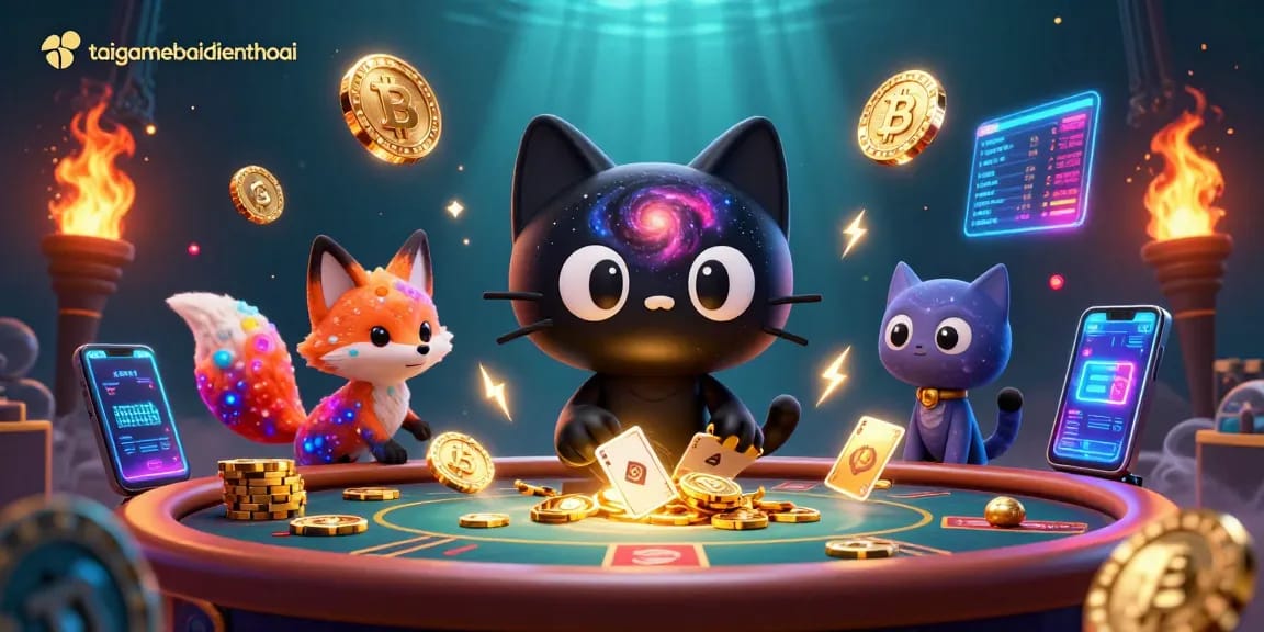 Experience the excitement of taigamebaidienthoai with a cosmic-themed gaming illustration showcasing vibrant characters and crypto elements.