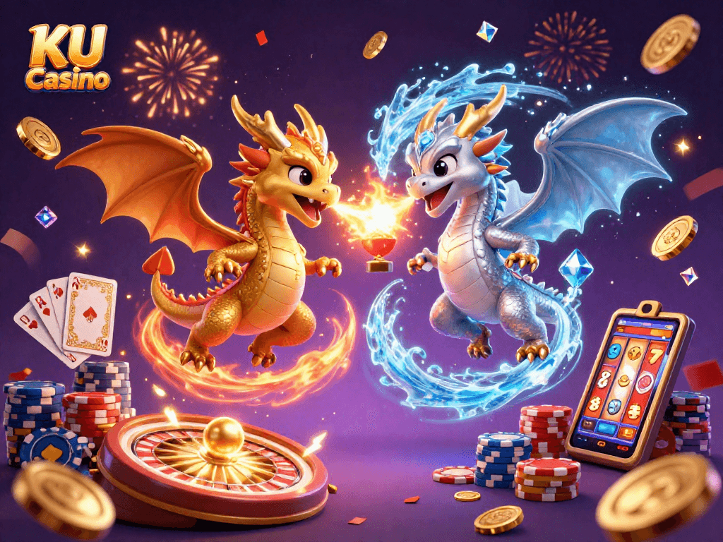 Experience the thrill of KU Casino with a vibrant 3D illustration of animated dragons and casino elements.