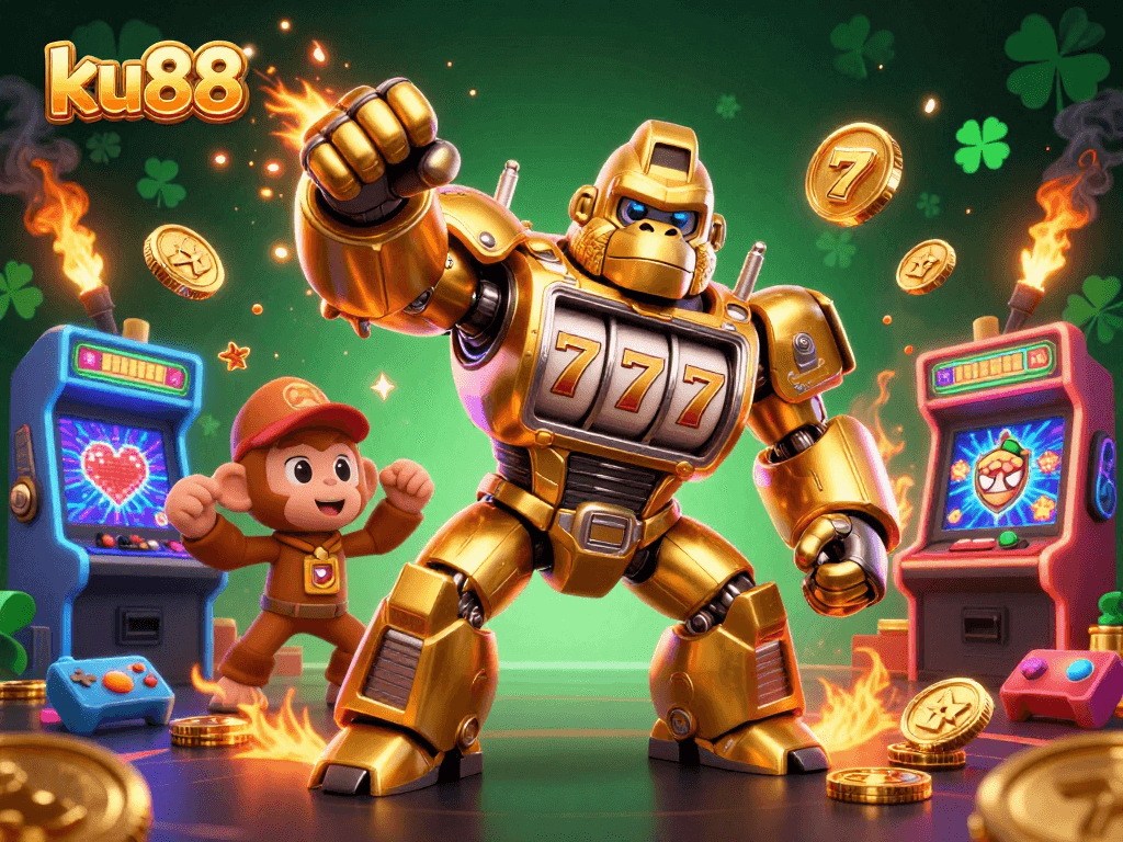 ku88 showcases an exhilarating slots scene with a mech gorilla, vivid slot elements, and dynamic game visuals.