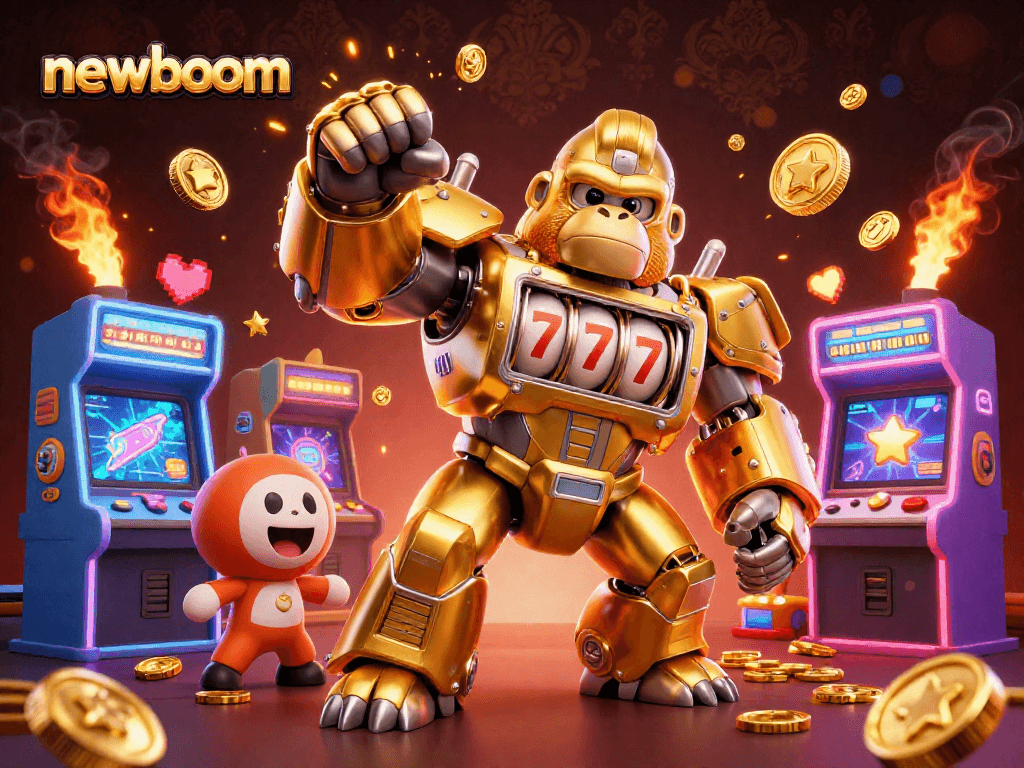 Experience the thrilling action at newboom with a golden gorilla mech smashing through coins in a vibrant casino scene.