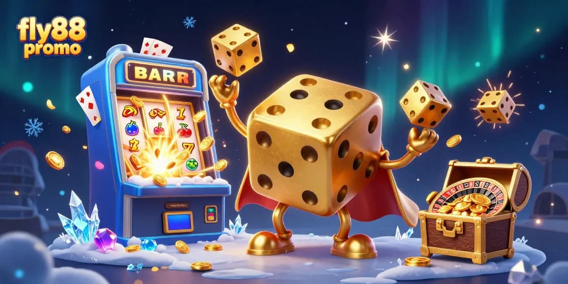 Experience excitement with fly88 promo in a vibrant casino scene showcasing golden dice and a jackpot.