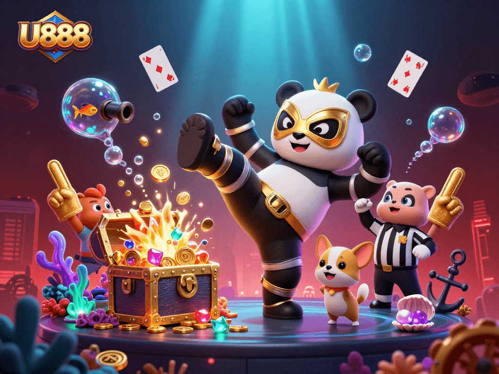 Experience thrilling gameplay with U888's engaging 3D cartoon scene featuring a wrestling panda.