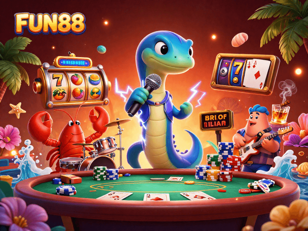 Engage in FUN88 with electric eel DJ performing at an underwater casino filled with vibrant game elements.