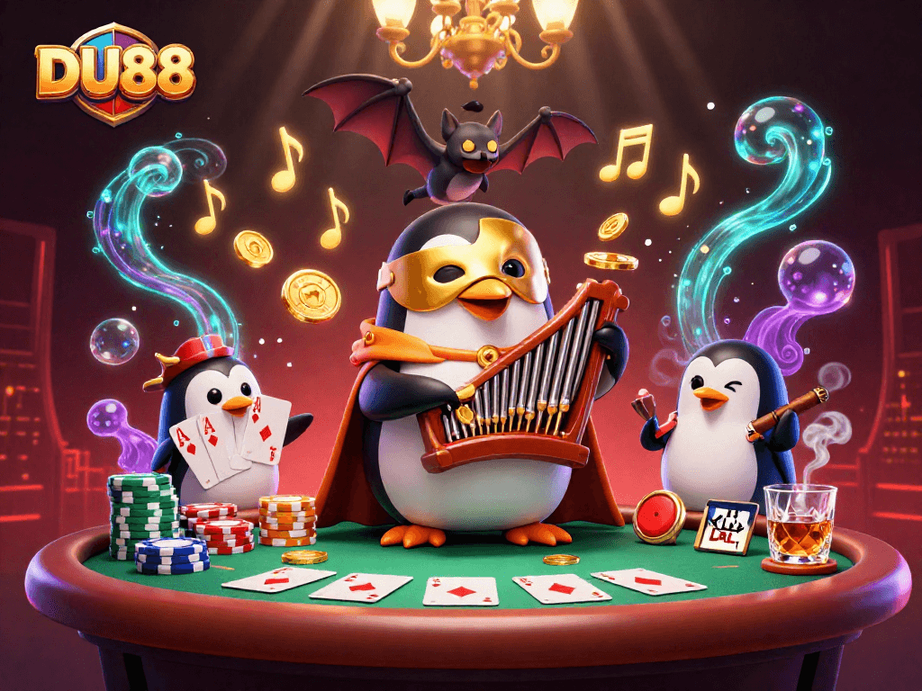 DU88 penguin playing a pipe organ rewards with golden coin showers in a vibrant casino scene