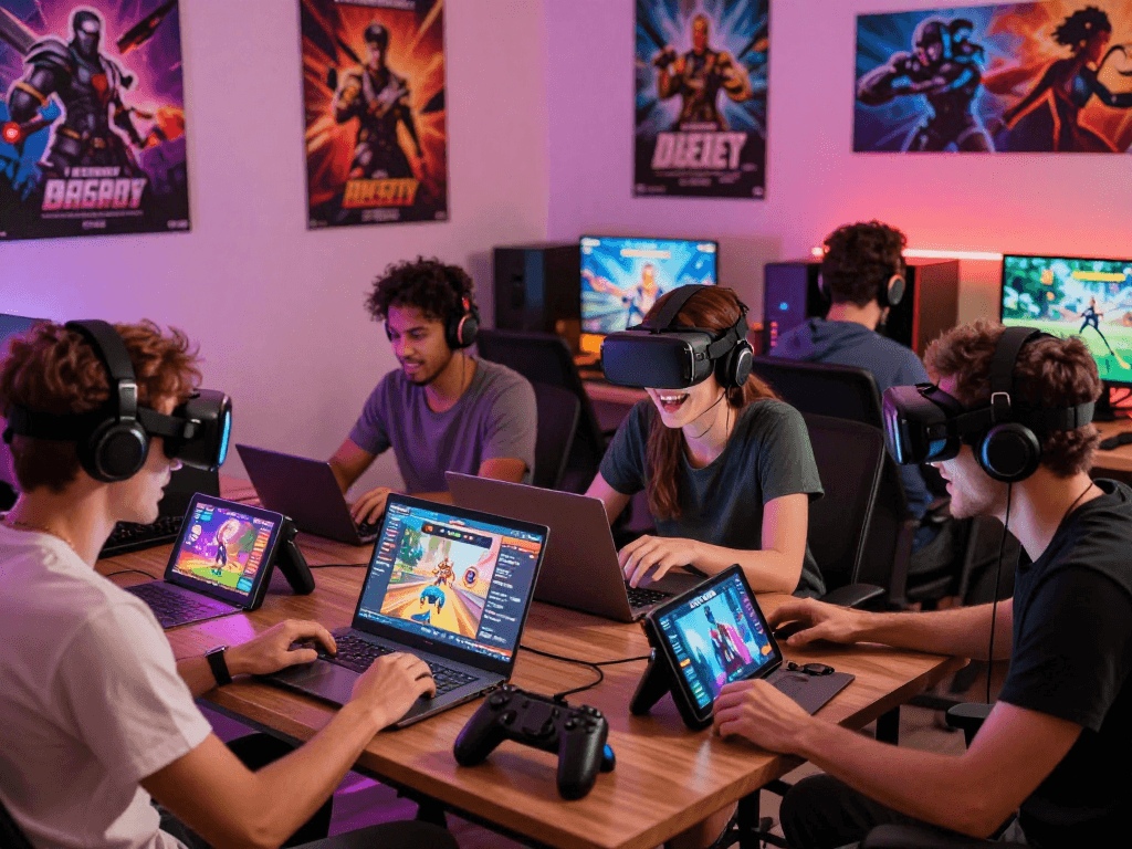 Group enjoying interactive sex games online, showcasing vibrant gaming atmosphere and diverse devices.