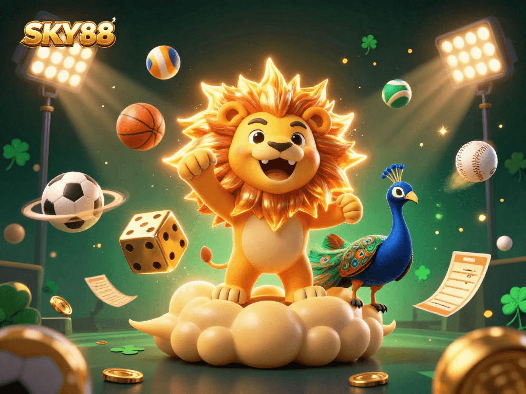 Experience thrilling gameplay at SKY88 with a vibrant illustration of dynamic sports elements and golden casino flair.