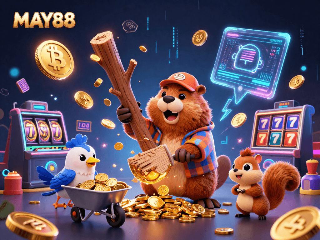 MAY88 showcases a vibrant casino scene with cartoon characters collecting golden coins, symbolizing winning strategies.