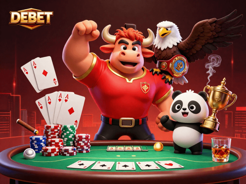 DEBET showcases an energetic poker scene with a bull, eagle, and panda celebrating gaming triumphs.