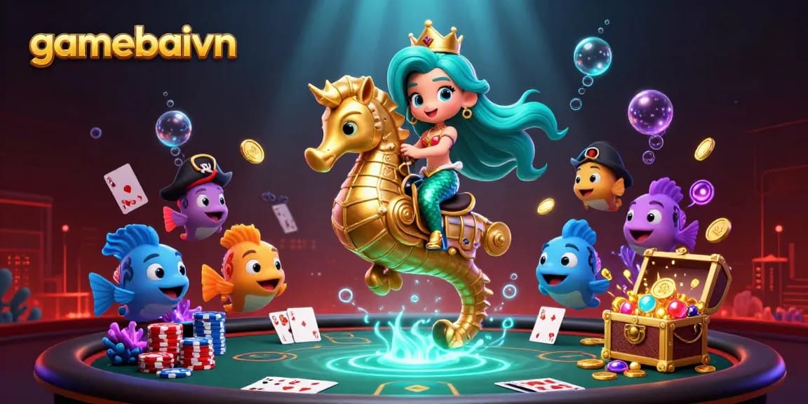 Poker scene illustration with gamebaivn branding featuring a mermaid and seahorse at a vibrant poker table.